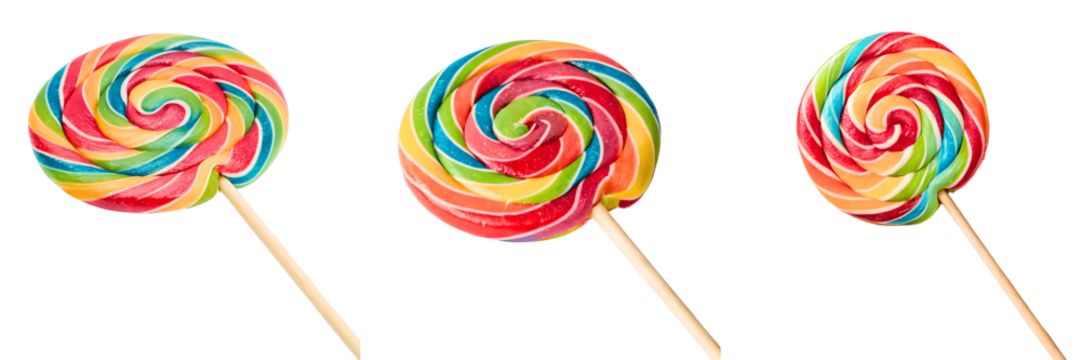 Three rainbow lollipops isolated on transparent background, sweet and colorful treat