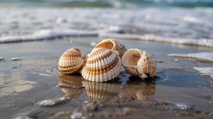 Seashells clustered on wet sand, reflected in shallow water, with ocean waves in the background