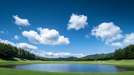 池と青空が広がる美しいゴルフコース