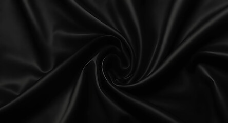 Black satin fabric featuring a swirl pattern, highlighted by soft curves and folds on a deep black backdrop, Generative AI.