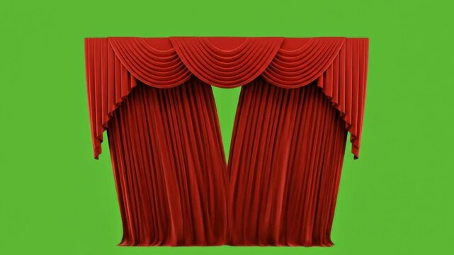 Red velvet theater stage curtains with elegant drapes isolated on a bright green screen background suitable for chroma key use