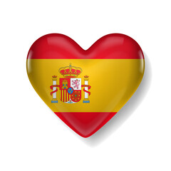 Obraz premium Glossy heart-shaped icon featuring the national flag of Spain with coat of arms. Ideal for patriotic, travel, or cultural designs.