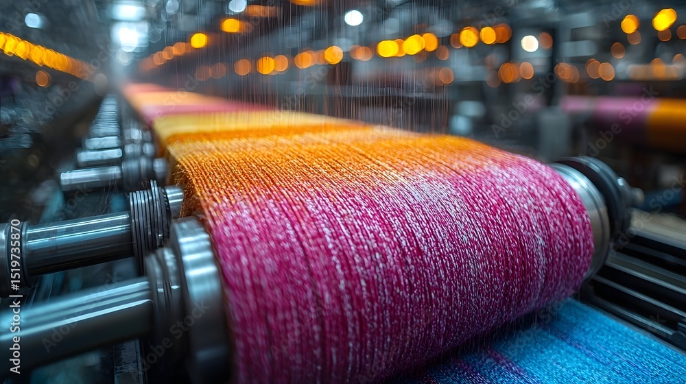 Poster vibrant textile factory with colorful threads weaving through high speed