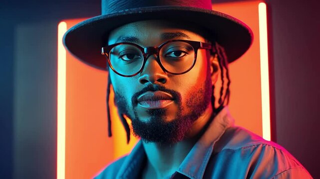 Stylish African American man with glasses, beard, wearing hat in colorful studio lighting. Portrait of person with dreadlocks. Fashionable model look.