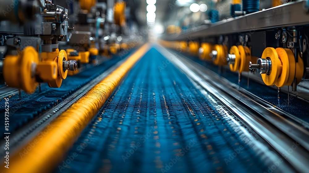 Poster a high energy factory floor with advanced stitching producing textiles long title a dynamic factory 