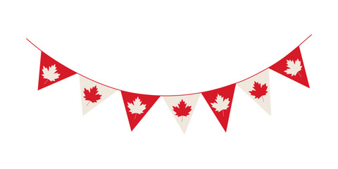A red and white Canadian flag with a maple leaf on it. The flag is hanging on a white background