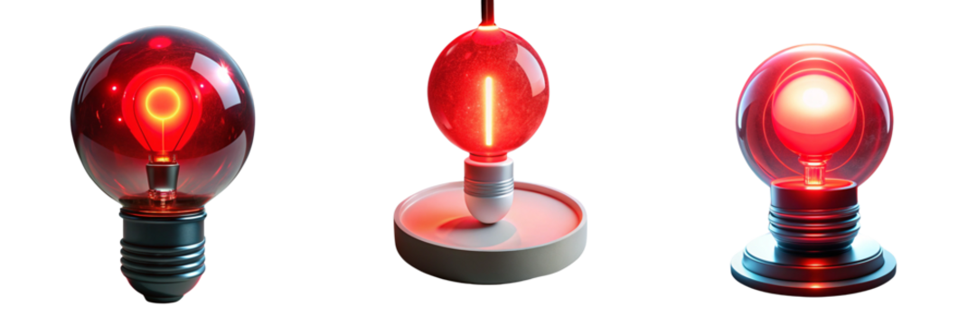Set of A Glowing red  light bulb isolated on a transparent background