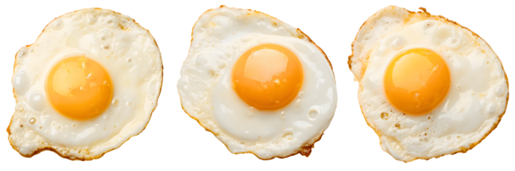 Three fried eggs isolated on transparent background, sunny side up, close up view