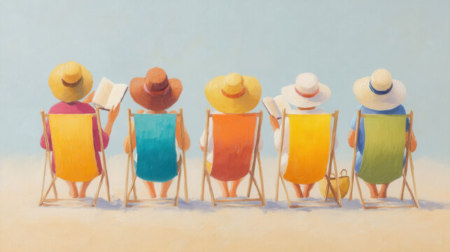 Six people in colorful hats and dresses relax on beach chairs reading books, enjoying peaceful sunny day at seaside