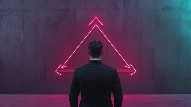 goal setting motivation evaluation. A man in a suit stands before a neon triangle on a textured wall.