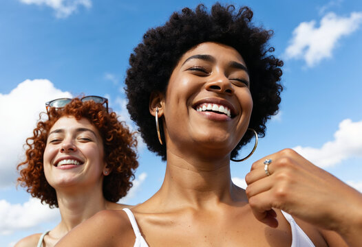 African American and European woman 30 years old against blue sky, close-up portrait