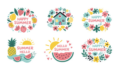 Cheerful Summer Collection: Vibrant Emblems Featuring Fruits, Flowers, and Happy Greetings