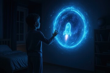 Boy exploring holographic space portal
