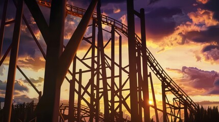 Silhouette of a Wooden Roller Coaster Against a Sky with Warm Sunset Tones Creating a Scenic Amusement Park Landscape