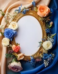 A decorative golden frame adorned with colorful flowers on silky fabric.
