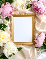 A decorative frame surrounded by pink and white peonies on a satin background.