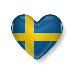 Glossy heart-shaped icon with the Swedish flag design, featuring a yellow cross on a blue background. Symbol of love for Sweden.