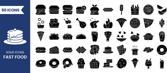 Fast food icon set in solid style. Containing burger, pizza, hot dog, donut, french fries, sandwich, ice cream, taco, nachos, burrito and more. Vector illustration