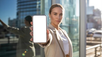 Woman holding a blank smartphone outdoors. City backdrop