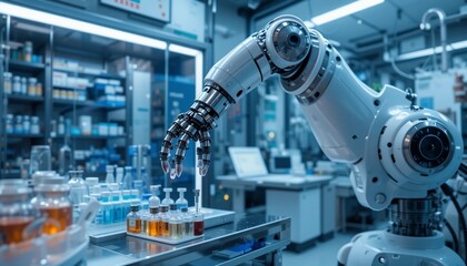 Robotic Arm Handling Samples in Modern Medical Laboratory Automation in Pharmaceutical Research