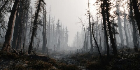A stunning image of desolate Forest Clearing: A dead forest with scorched trees and blackened earth surrounds an open clearing. Pale light filters through smoke and fog, revealing.