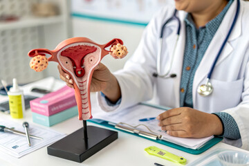 A doctor shows a model of the female reproductive system during a medical consultation at an office desk.
