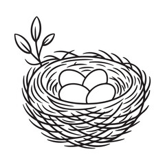Bird nest with eggs hand drawn line art