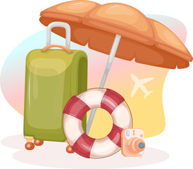 Summer travel vacation set – suitcase umbrella lifebuoy camera vector illustration