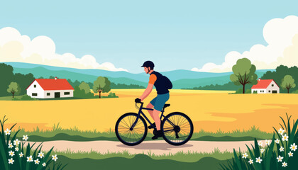 Naklejka premium Cyclist enjoying ride through French countryside, freedom in nature