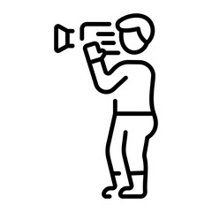 A line style icon depicting a character doing cinematography 