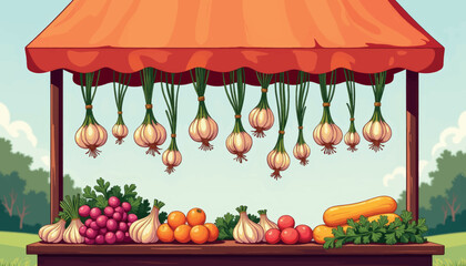 Garlic braids hanging at outdoor market stall, vibrant food display