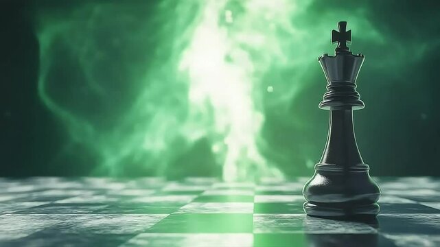Chess king on checkered board with green mist background