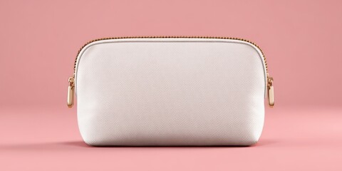 A stunning image of modern white cosmetic pouch mockup. Realistic fabric zipper bag for makeup beauty tools. Detail, bright, pro toiletry container. Fashion luxury clean elegant.
