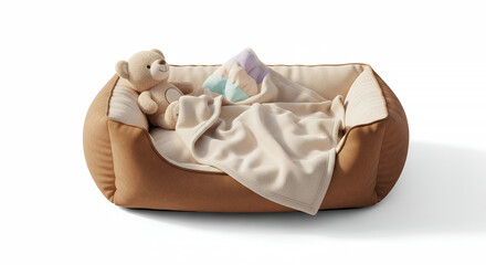 Obraz premium Cozy pet bed with a plush blanket and teddy bear, set on a clean white background 