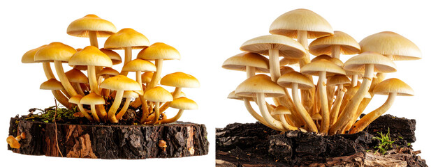 Cluster of Yellowish Agaric Mushrooms Growing on Decaying Log, Side View Transparent Background PNG