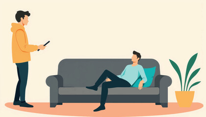 Interaction between two men in a living room, social connection