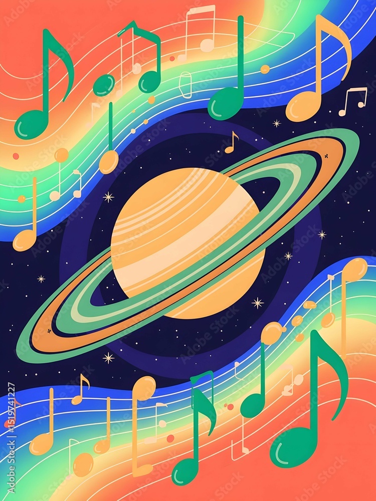 Poster stylized ringed planet floats amidst musical notes and flowing rainbow lines against a dark starry b