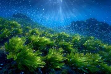Underwater marine life teeming with fish and vibrant green algae in ocean sunlight