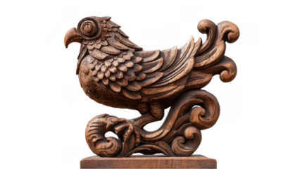 Intricate wooden sculpture depicting a mythical bird perched on a decorative base, showcasing meticulous carving details and craftsmanship on a transparent background