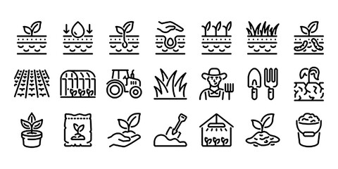 Soil ground and gardening editable stroke outline icons set isolated on white background flat vector illustration.