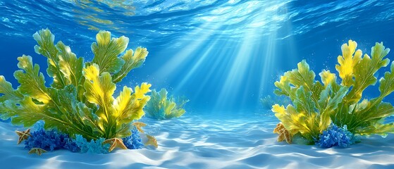 Underwater scene with vibrant yellow sea plants, starfish, and bright sun rays shining through