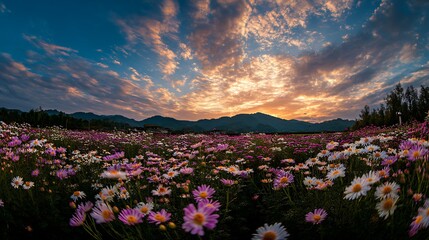 Obraz premium 美しい空と花畑の風景