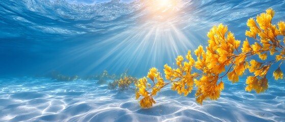 Underwater sunlight beams over golden seaweed swaying gently on the ocean floor