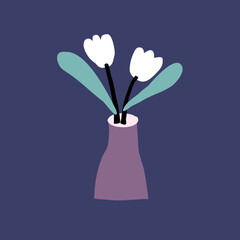 White tulips and leaves in a purple vase on a blue background, suitable for print and wallpaper.