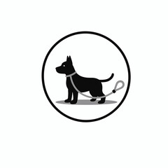 Black dog silhouette with leash in circle. Pet memorial design includes simple black dog image and gray leash.  Concept pet loss graphic for sympathy cards, pet funeral announcements