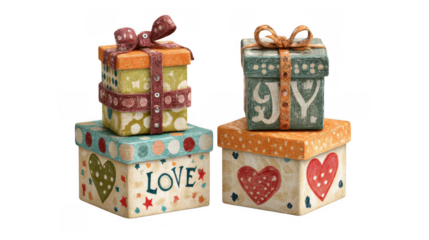 Three stacks of decorated gift boxes with ribbons and hearts, expressing love and joy, perfect for postpartum celebrations, isolated on a transparent background
