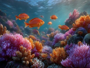Vibrant coral reef ecosystem teeming with orange fish swimming in crystal clear waters