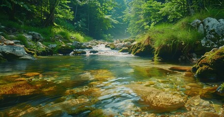 Escape to nature's tranquility with the soothing sounds of a gentle stream flowing through a lush, green forest.