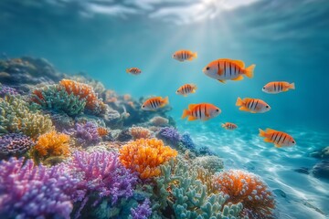 Vibrant coral reef ecosystem with colorful fish swimming in clear turquoise waters