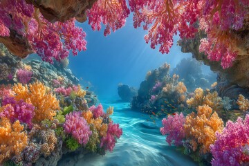 Vibrant coral reef ecosystem with colorful soft corals and clear turquoise water